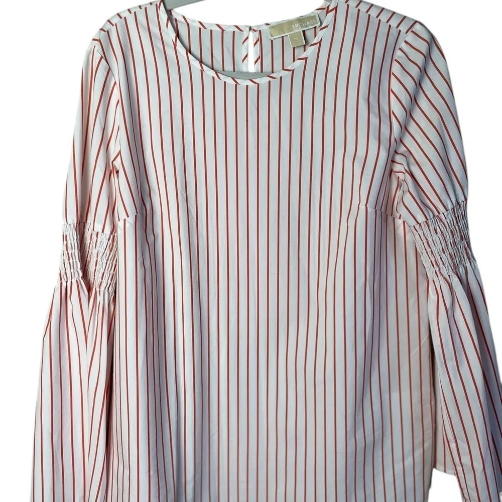 Michael Kors White and Orange Ruched Bell Sleeve Blouse